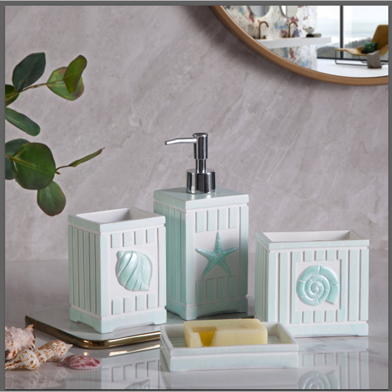 Griffie Luxury Modern Home Décor 4 Piece Bath Accessories Set Ensemble Included Bathroom Liquid Soap Lotion Dispenser Pump Toothbrush Holder Tumbler and Soap Dish, Marina Beach Style
