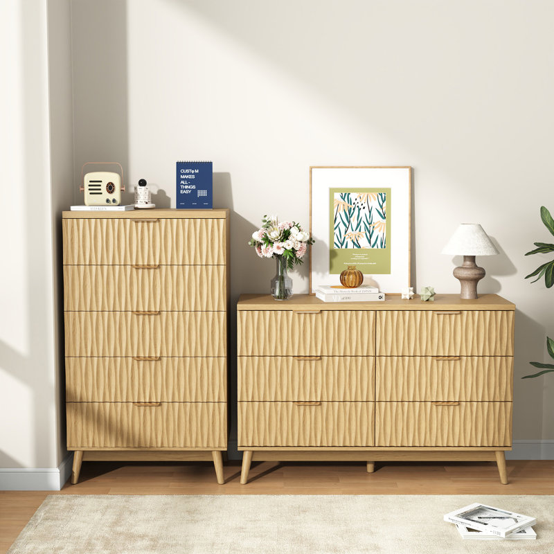 Ensemble de chambre à coucher 2 pièces Water Ripple: commode large à 6 tiroirs et commode haute à 5 tiroirs