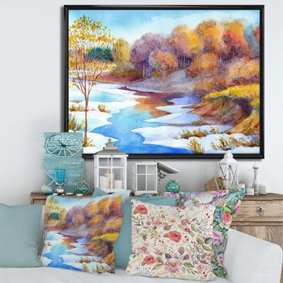 Stream in Winter Forest Valley - Peinture sur toile