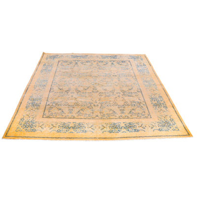 Tapis beige / bleu unique de 7 pi 11 po x 10 pi années 1990