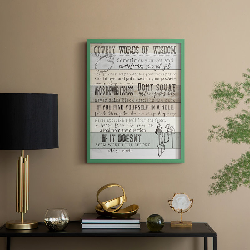 Cowboy Words Of Wisdom, reproduction encadrée - bois massif, H 21 po x l 17 po, Vert