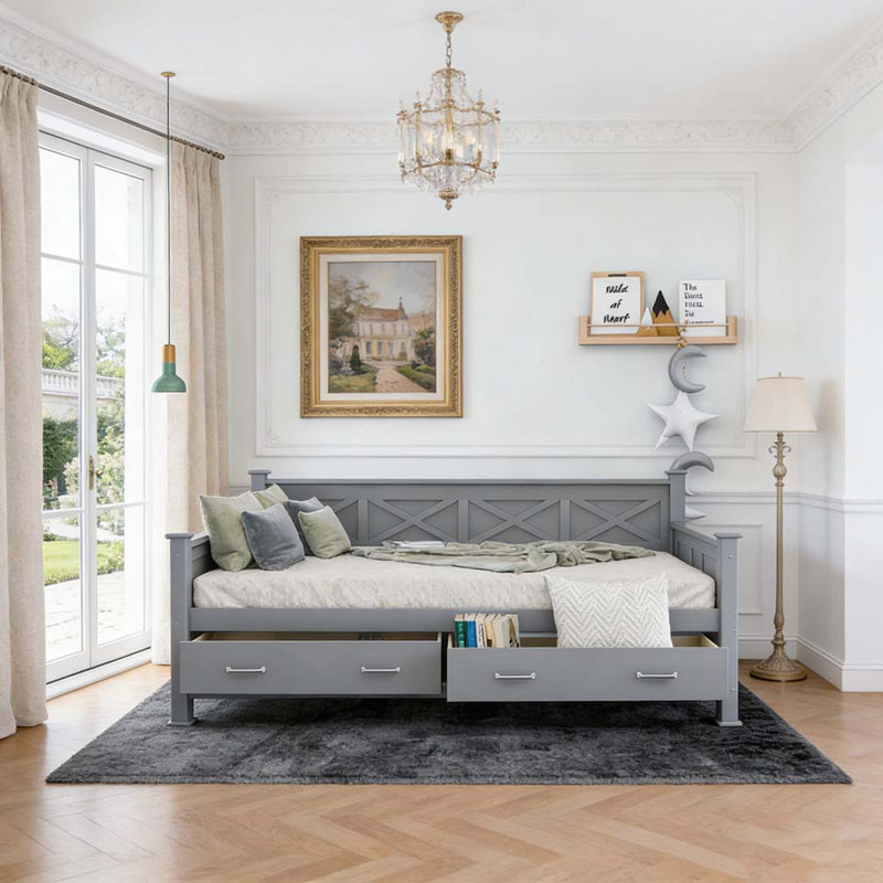 Lit de jour simple avec 2 grands tiroirs, Gris