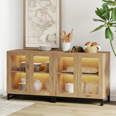 Buffet 2 en 1, 4 portes en verre avec tablette réglable et base en métal, armoire à café moderne pour la cuisine et le salon