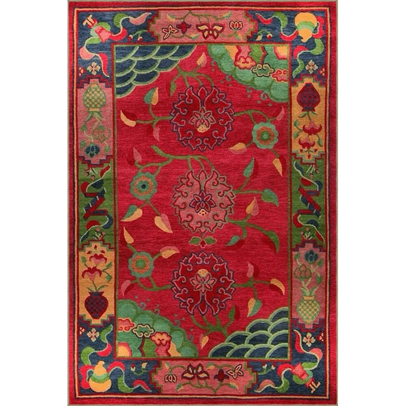 Tapis décoratif rouge à motif floral rouge rétro à motif lavable à la machine, Tapis de couloir 2 pi 6 po x 6 pi 7 po 