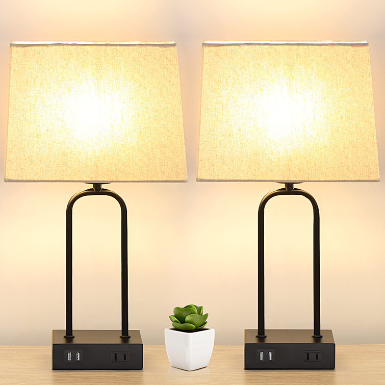 18 in. Black Metal Table Lamp Set with Dual USB Ports and Built-in Outlet