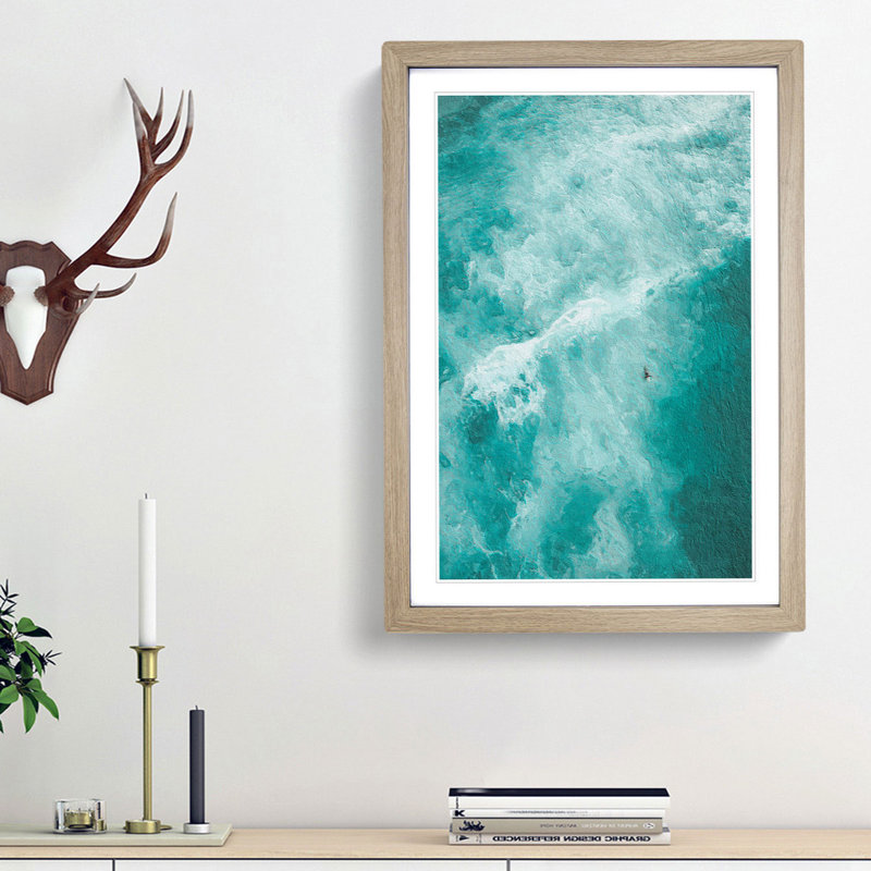 Surfing Waves in Bondi Beach in Australia - Picture Frame Painting Print on MDF, 36cm H x 27cm W x 2cm D, Oak Framed