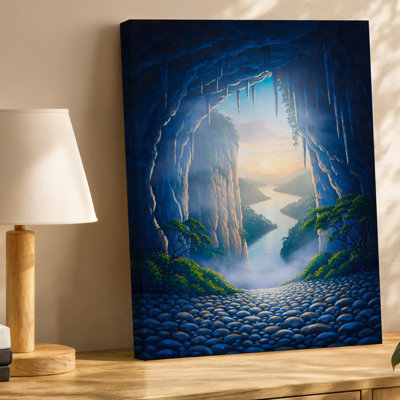 Toile, une entrée de grotte à couper le souffle encadrée par des images de roches imposantes par une douce lumière éthérée filtrant à travers une toile