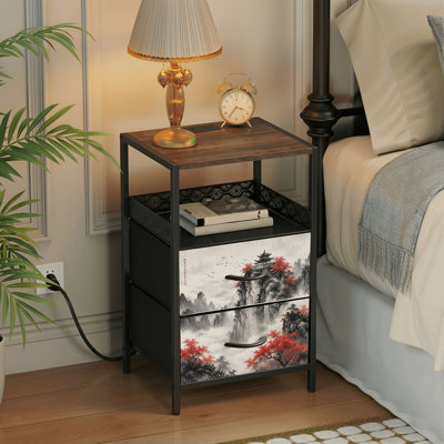 2 Drawers Nightstand with Charging Station, Bedroom Nightstand with USB Ports, Outlets Open Shelf Black, night stand with Chinese Mountain Landscape Ancient Pavilion Red Maple Trees Ink Wash Print