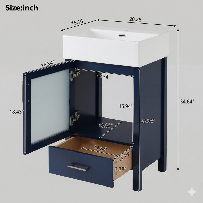 Meuble-lavabo de 20 pouces avec lavabo en céramique et grande capacité de rangement - un excellent choix pour les petites salles de bain