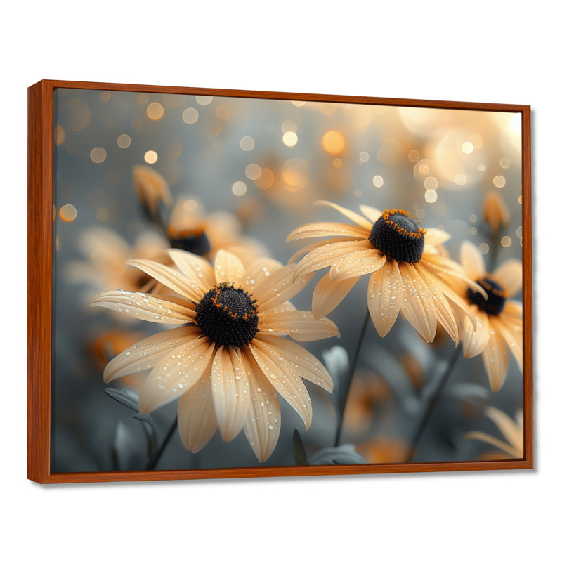 Monochromes de marguerites dans un champ brumeux I - marguerites, Cadre flottant brun, H 34 po x l 44 po