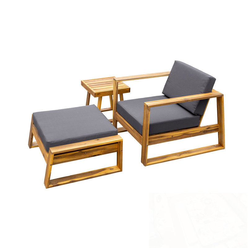 Wood Adjustable Backrest Outdoor Lounge Chair with armrest and soft cushion, Gray