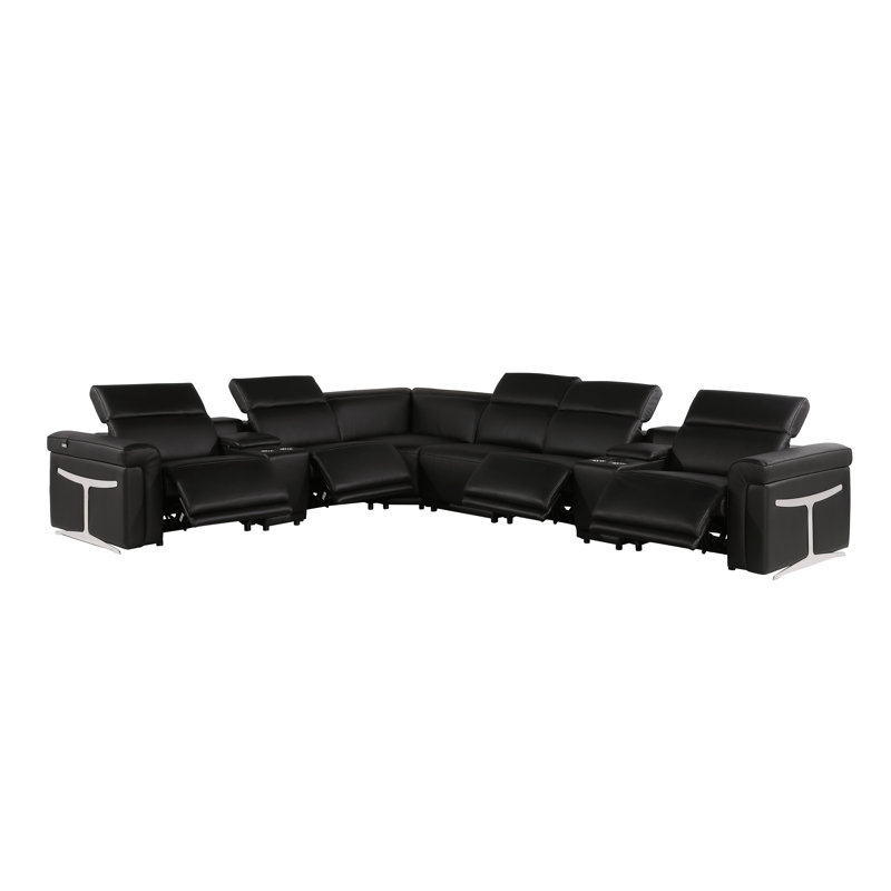 Suhur 8-Piece Top Grain Italian Leather Power Reclining Chaise Sectional, Black Genuine Leather