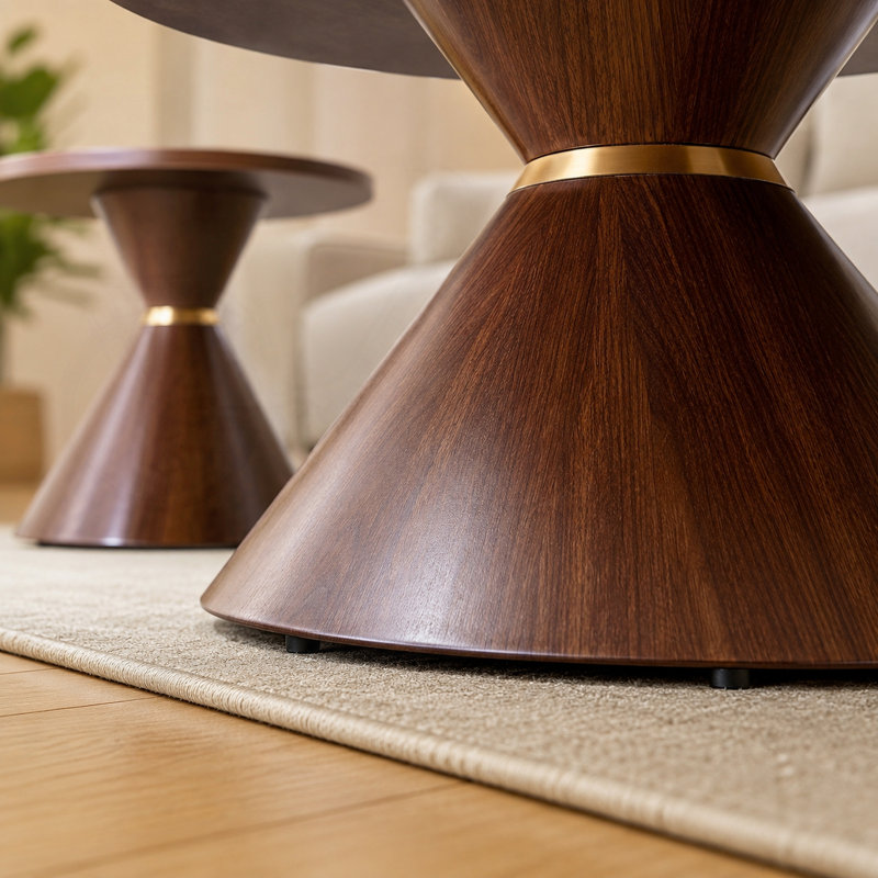 Ensemble de tables basses sculpturales gigognes avec finition noyer et base en acier au carbone
