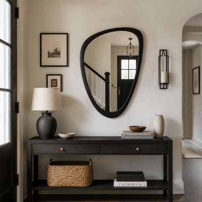 Irregular Wall Mirror Solid Wood Frame Asymmetrical Mirror, Mid Century Modern Decorative Decor for Entryway, Bedroom, Bathroom Vanity, Hanging Vertically or Horizontally, Black, 24"x36"