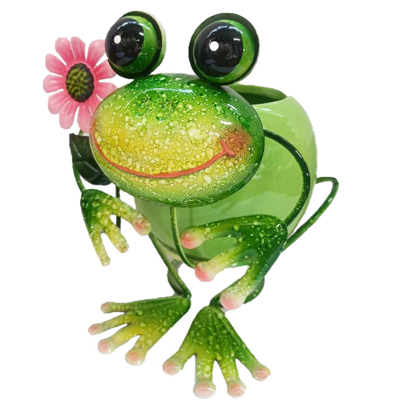 8" Iron Frog with Ceramic Pot Planter