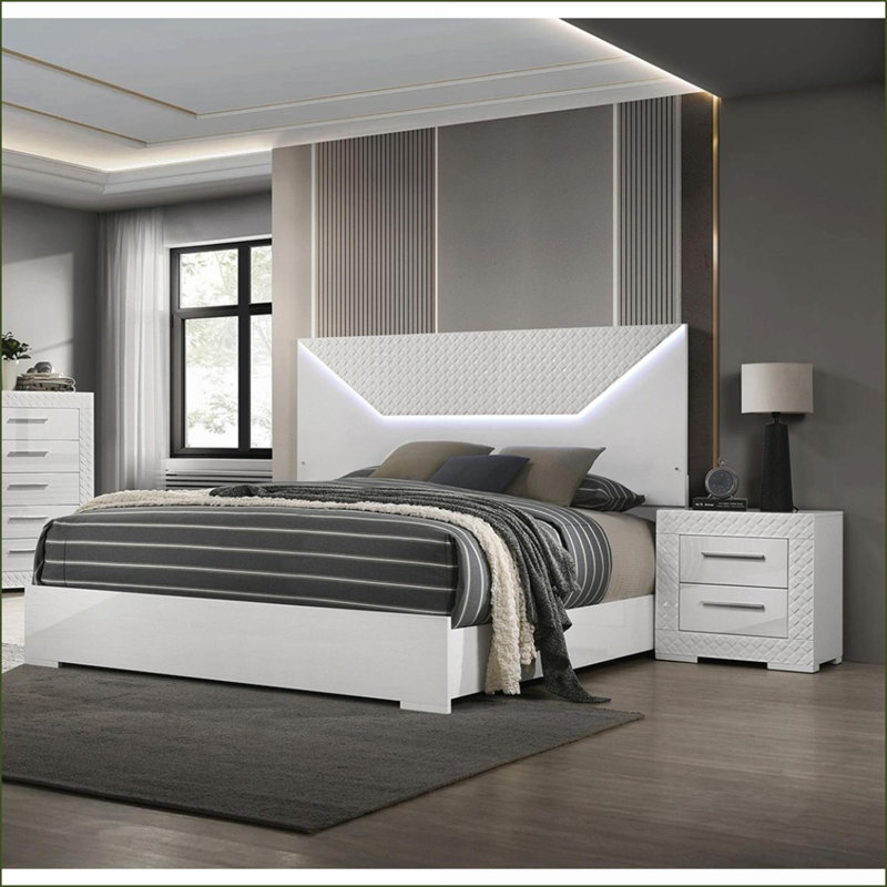Ensemble de chambre à coucher, grand lit 3 pièces avec tête de lit à DEL et amp; 2 tables de chevet, blanc neige ultrabrillant | Blanc neige | Bois d'ingénierie, métal