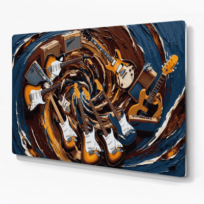 Musique, guitare électrique et amplificateurs, art mural en métal noir