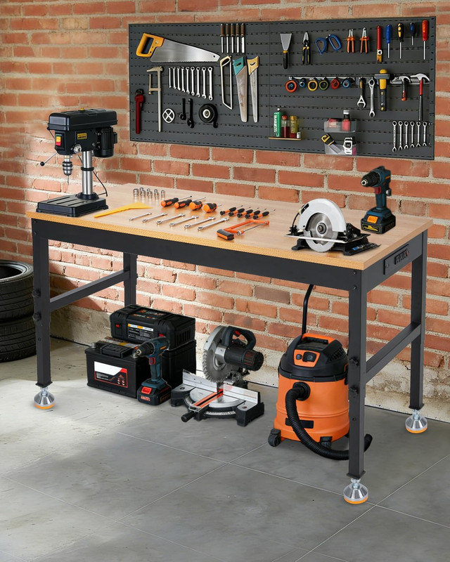 48-72" Adjustable Workbench with Power Outlet, 2000 LBS Capacity Work Table for Garage & Workshop