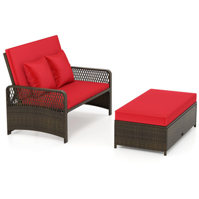 Patio Rattan Daybed Wicker Loveseat Sofa w/ Multifunctional Ottoman