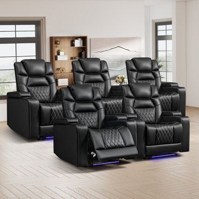 Denchev 36.2'' Luxurious Breathable Leather Power Reclining Home Theater Chair With LED Cupholders Storage(Set Of 5)