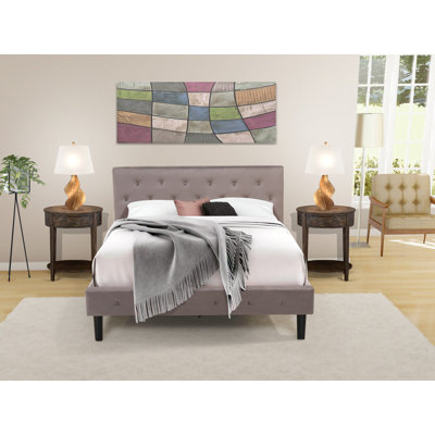 Ensemble de chambre à coucher 3 pièces - Lit en bois touffeté à boutons - Tête de lit tapissier en velours taupe brun et table de chevet à finition jacobine patinée