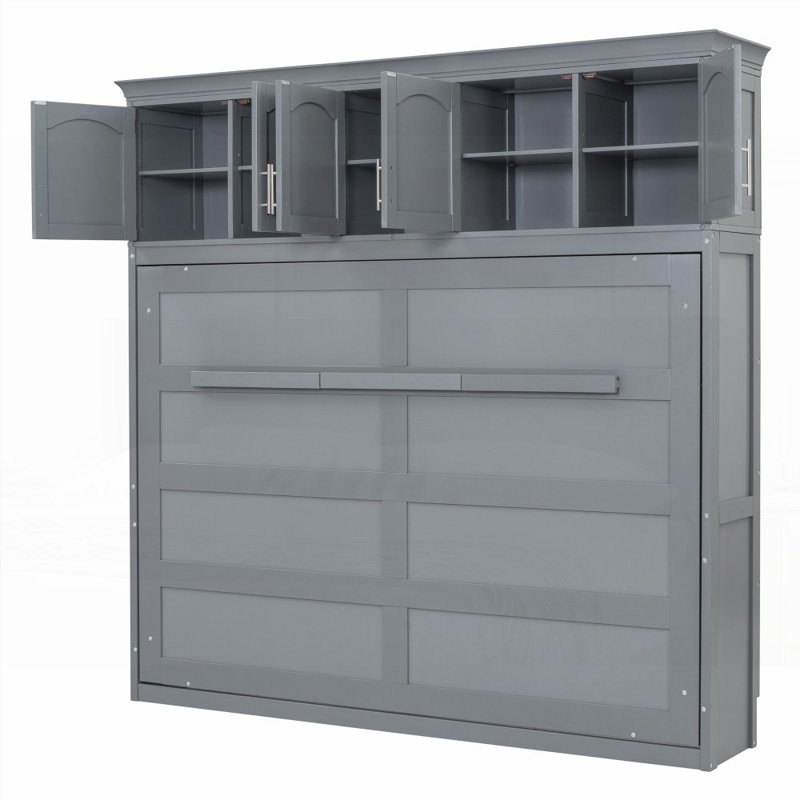 Grand lit escamotable avec armoires supérieures - aucun sommier nécessaire, durable pour toute pièce, gris