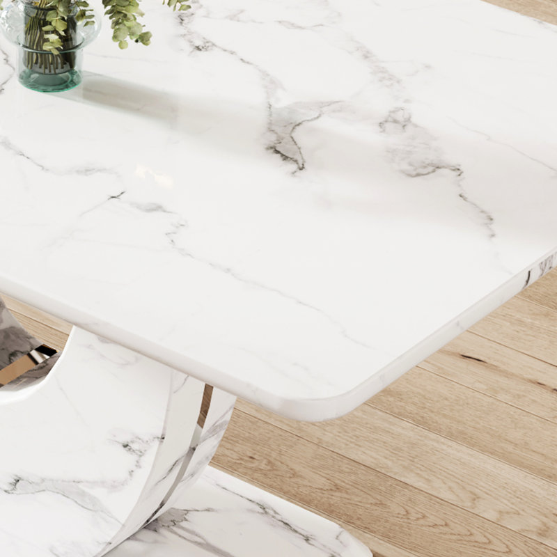 Table à manger en marbre convenant aux restaurants - table de 63 po x 37 po avec 6 chaises en polyuréthane grises, plateau de table épais, sièges confortables, pieds en métal argenté et chaise, autocollant texturé blanc, base
