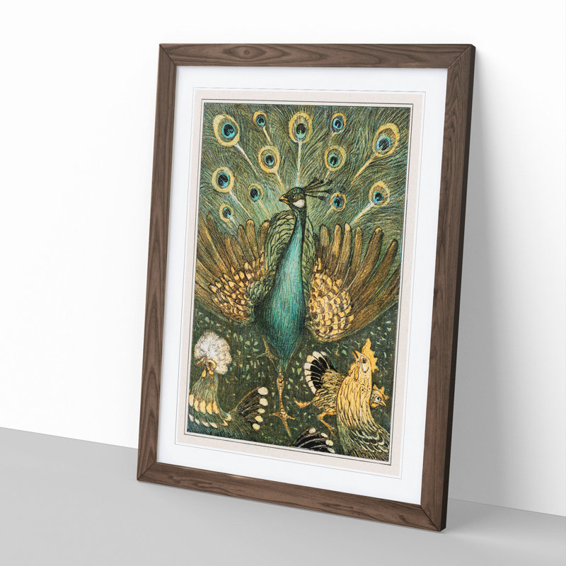 Peacock with Chickens by Theo Van Hoytema - Framed Print, 65cm H x 48cm W x 2cm D, Walnut Framed