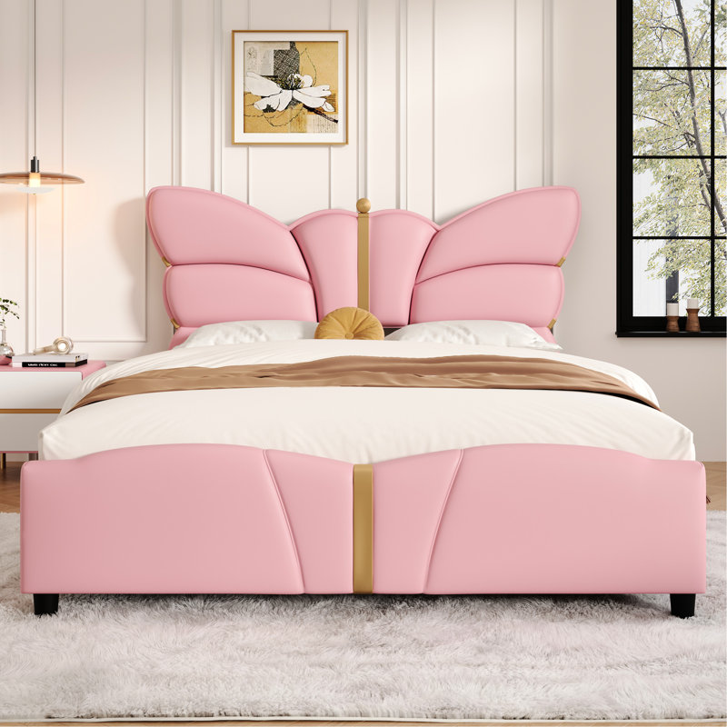 Lit rembourré en cuir de polyuréthane rose avec tête de lit d'inspiration papillon, structure en métal, structure, pas de sommier tapissier requis, accents faciles à assembler, base, ressort, assemblage rapide