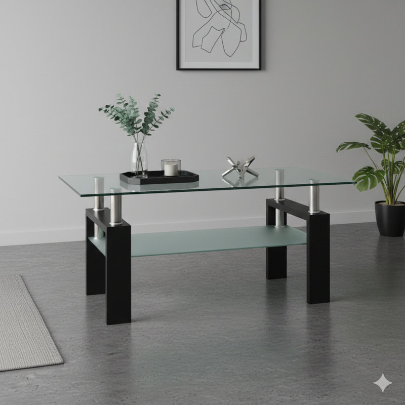 Rectangular Black Glass Coffee Table, Clear Glass Table, Modern Side Or Center Table For Living Rooms, Living Room Furniture