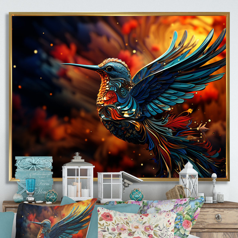 Colibri bleu, vol des tropiques - Art mural colibri, Cadre flottant doré, H 30 po x l 40 po x P 1,5 po