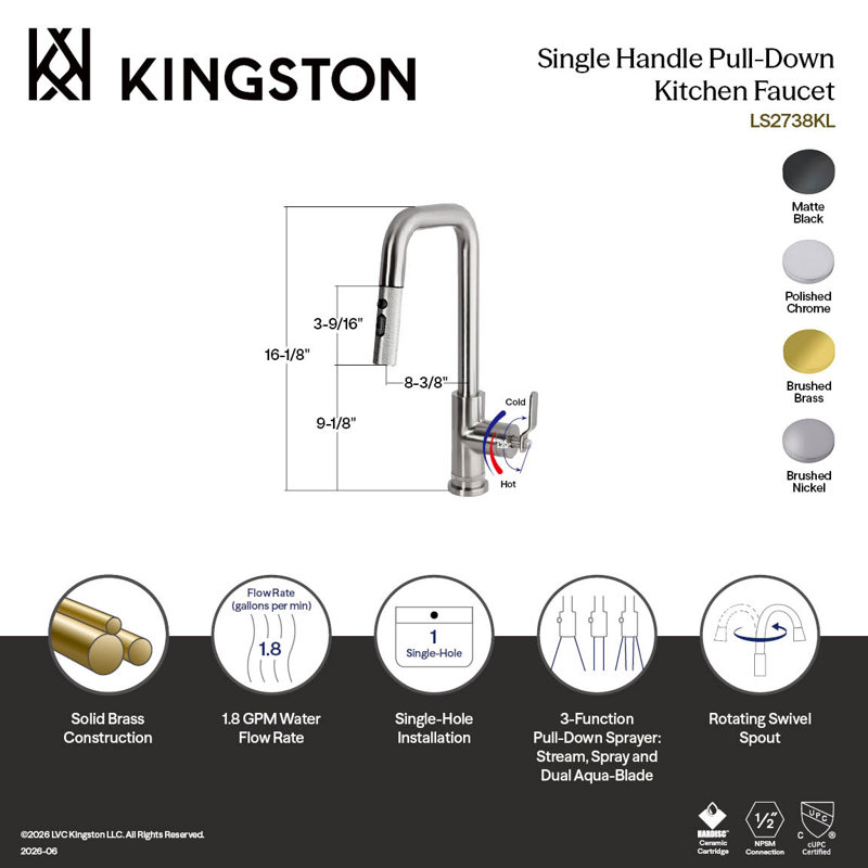 Robinet de cuisine rétractable à poignée simple Kingston Brass Whitaker, Chrome poli