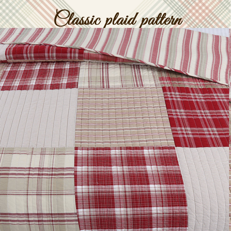 King Red and Beige Cotton Reversible Patchwork Quilt Set