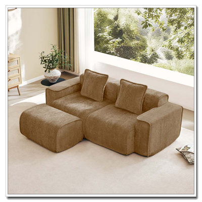 2 Seat L Shape Sectional Boneless Sofa with French Edge Piping, No Assembly Required, 2-Seat Sofa Couch with Throw Pillows and 1 Movable Ottoman