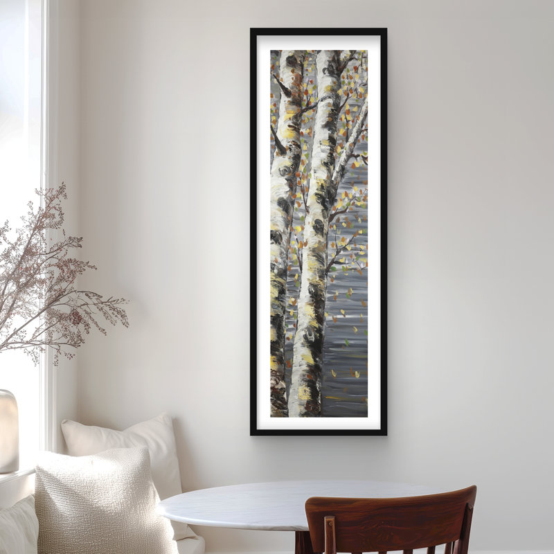 «Budding White Birches - Seasons», reproduction d'art encadrée, H 48 po x l 16 po, Noir