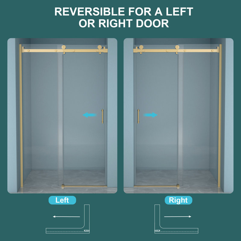 48"W X 76"H Gold Frame Single Shower Door, 8Mm Tempered Glass, Reversible Right/Left Installation, Space