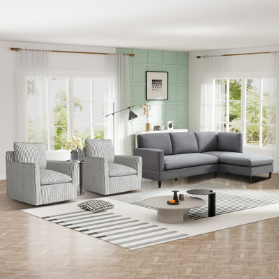 3-Piece Modern Fabric Sectional Sofa & Swivel Barrel Chair Living Room Set