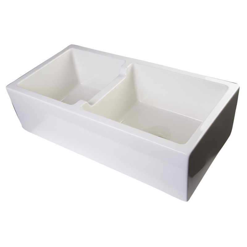 36'' L Double Bowl Fireclay Kitchen Sink, Biscuit