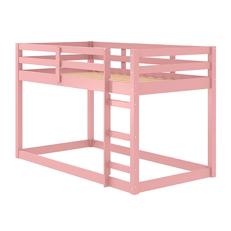 Lit mezzanine simple rose en bois massif - Structure à 13 lattes pour le soutien du matelas et la circulation de l'air avec protection de montée intégrée, système robuste en bois, durabilité, passage