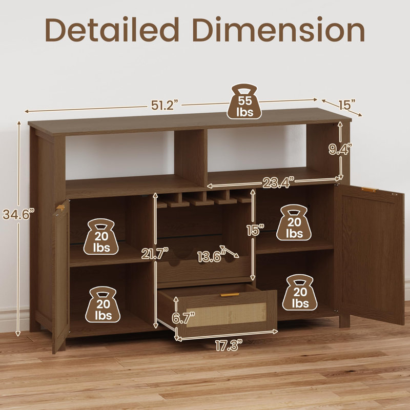 Buffet 51 "en rotin avec porte-bouteilles amovible et porte-verres, buffet de rangement Boho Farmhouse pour l'entrée de la salle à manger de cuisine, noyer