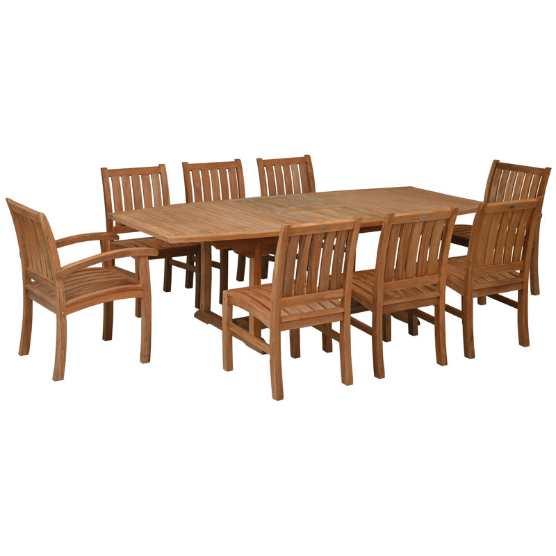 Ensemble de salle à manger 9 pièces en bois de teck comprenant une table d'extension semi-ovale avec 2 accoudoirs Abacho et 6 chaises d'appoint