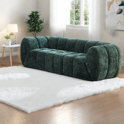 Modern Green Chenille Foam Sofa, Deep-seat Design For Living Rooms