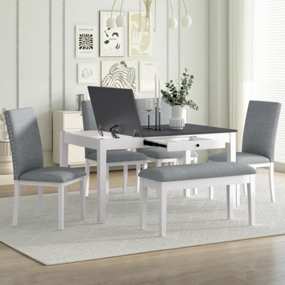 Farmhouse 6-Piece Dining Table Set With Storage Table, Kitchen Table Set With Drawer, Storable Bench And Upholstered Dining Chairs, White+Gray -  August GroveÂ®, 345AC51EDE98415ABA8F306D2DD94281