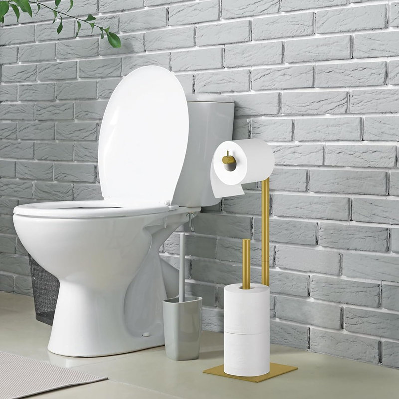 Porte-papier hygiénique sur pied - Métal doré beige, organisateur de salle de bain avec rangement pour rouleau de réserve