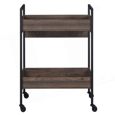 Walnut And Black Serving Cart With 2 Shelves