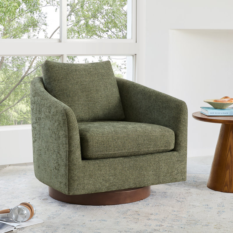 Moss Green Swivel Accent Chair with Solid Wood Base, Moss Green Chenille