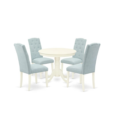 L'ensemble de 5 pièces pour coin-repas pour 4 personnes comprend une table de cuisine ronde avec piédestal et 4 chaises Parson rembourrées en tissu bleu bébé, lin blanc