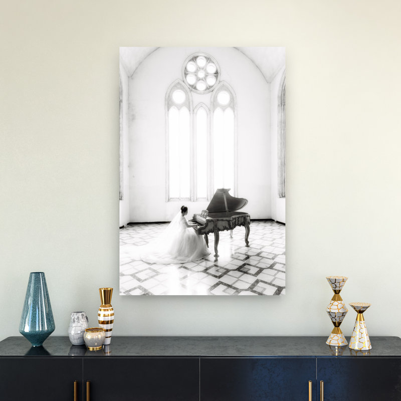 Bride Playing Grand Piano Elegant Gothic Romantic Wall Art Print 1 Piece Wrapped Canvas Wall Art, 91.44cm H x 60.96cm W