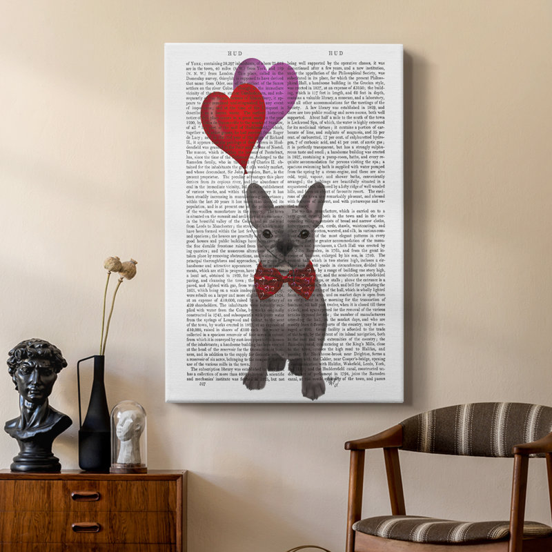 Bouledogue français et ballons - galerie Cavas sur mesure, H 48 po x l 32 po
