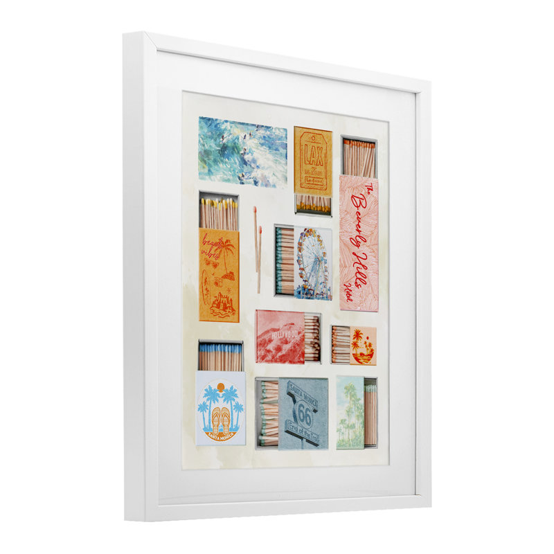 California Beach Matchboxes, reproduction encadrée sous verre, conception de Ziwei Li, H 21 po x l 17 po, Cadre blanc côtier
